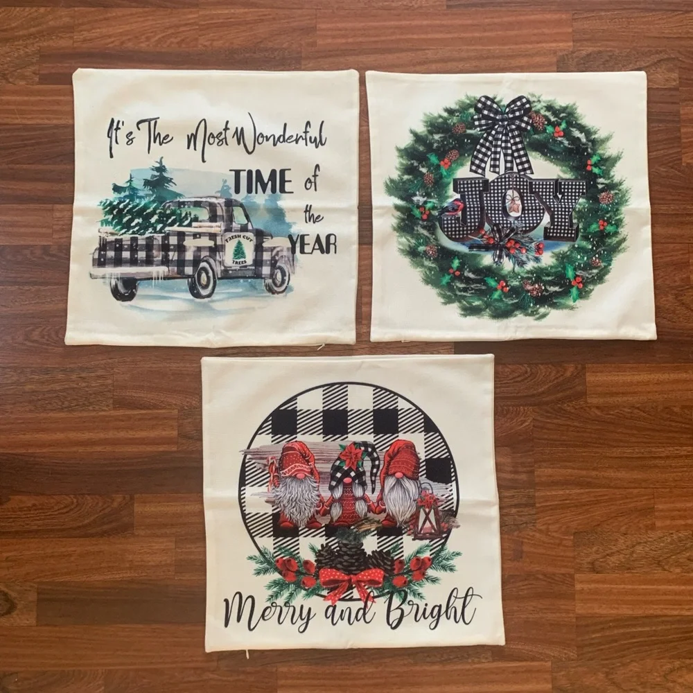 Set of 3 Square Holiday Decor Pillow Covers 17x17” Zip Closure Washable Plaid